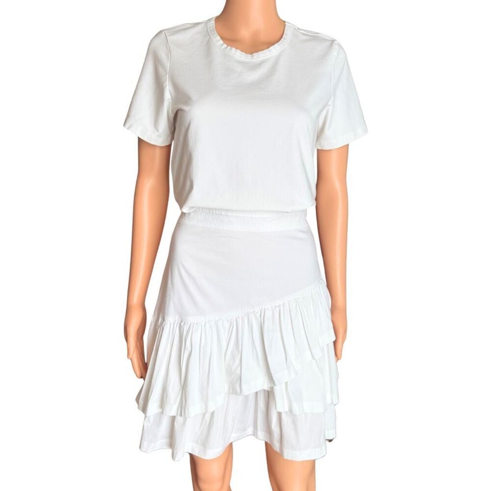 Veronica Beard White Mixed Media T-Shirt Ruffle Dress Small Asymmetrical Casual - Picture 3 of 8